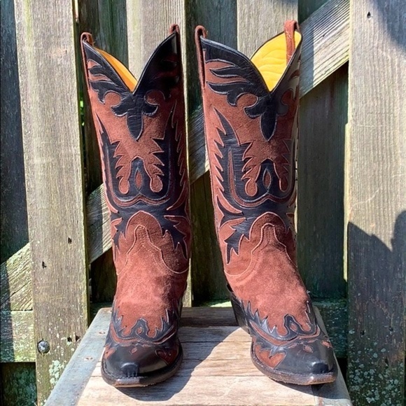 LUCCHESE Classics Handmade Vintage Tall Black Brown Leather Western Cowboy Boots - Picture 3 of 12
